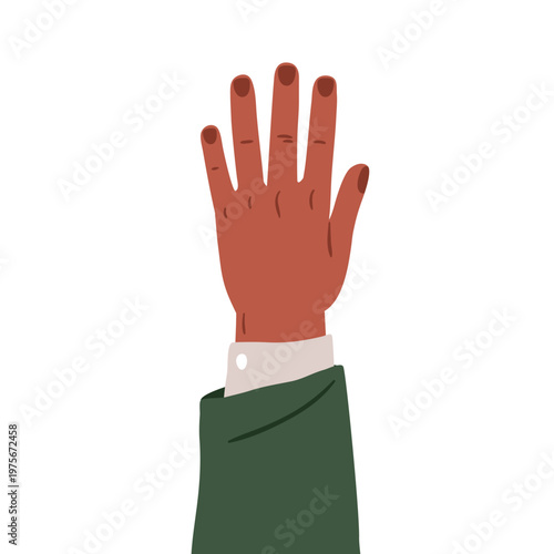 Hand raised up. Showing five fingers. Female arm, dorsal side, back of palm. ...
