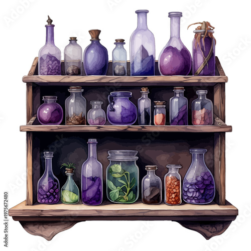 Whimsical Witch Apothecary Shelf with Purple Magic Potion Bottles and Jars