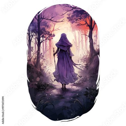 Whimsical Witch in Purple Cloak Walking into Enchanted Forest at Sunset Illustration
