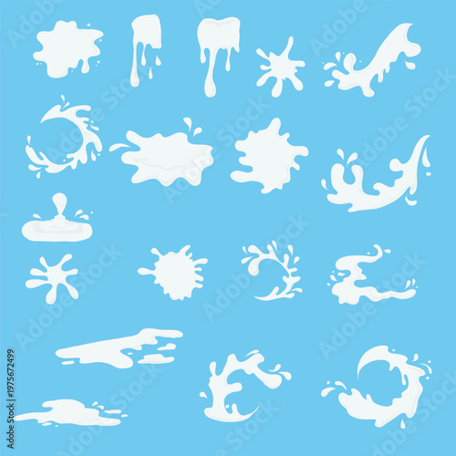 Milk splashes and drops on a blue background. Vector illustration. Milk waves and splashes for dairy product advertising, simple design isolated on a white background