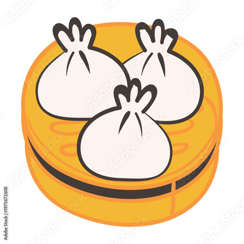 Hand drawn dim sum dumplings in bamboo steamer basket. Vector doodle illustration of chinese xiao long bao, traditional asian snack and street food isolated on white background.