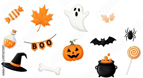 White ghost floats near orange leaf. Orange pumpkin wears a smiling face. Black bat flaps wings overhead. Spider sits calmly on dark surface. Candy cane rests beside a leaf. Bones lie near witch's hat