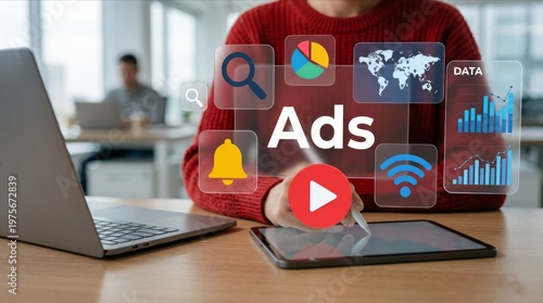 Digital Advertising Concept with Holographic Ads Interface and Marketing Analytics
