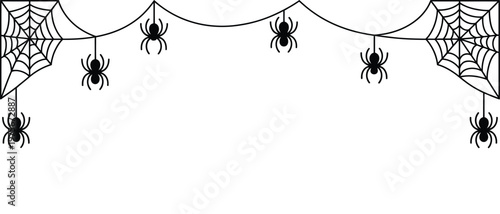 Halloween Spider Web Border with Hanging Spiders Decorative Frame Design, vector illustration