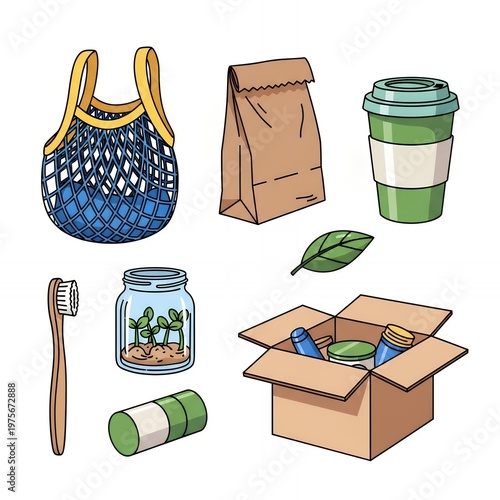 Illustration of eco-friendly items. Reusable shopping bag, paper bag, and takeaway cup. Wooden toothbrush and glass jar with sprouts. Box contains jars and tubes. Single leaf accentuates green theme