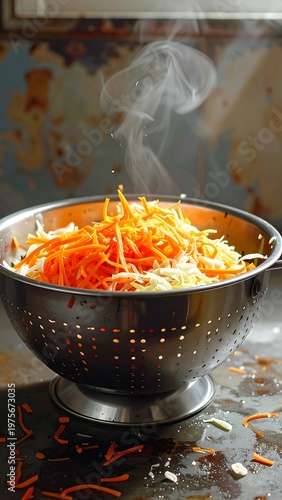 Steaming shredded carrots and cheese in a metal colander on a rustic surface