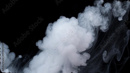 White smoke or ink flowing in water, abstract background with swirling clouds on black backdrop.