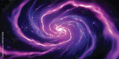 A vibrant digital illustration of a pink and purple spiral galaxy swirling with starlight and energy patterns across a dark cosmic universe wallpaper design