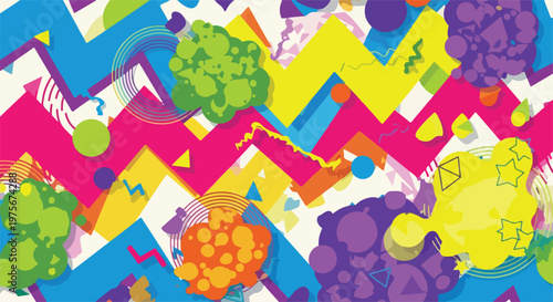 Abstract Memphis style background with vibrant geometric shapes and organic elements, evoking a retro-futuristic vibe