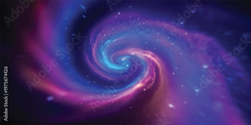 A vibrant digital illustration of a swirling abstract spiral galaxy in deep space featuring a purple and blue energy vortex pattern with glowing stars against a dark universe backdrop