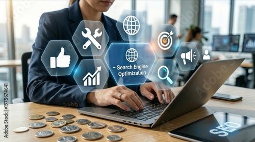 SEO Search Engine Optimization Concept with Digital Marketing and Analytics Icons