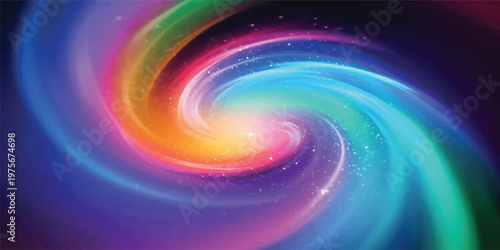 Bright abstract rainbow background featuring a colorful spiral vortex with a twirl of light and motion in a vibrant pink wave pattern design