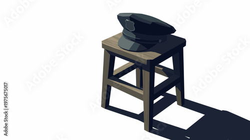 Police Officer Cap on Wooden Stool Vector Illustration
