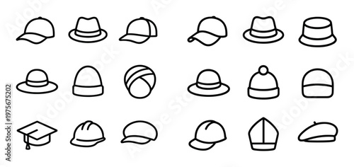 Diverse cap and hat outlines presented in organized grid layout