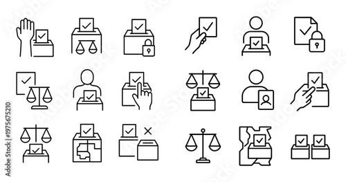Voting icons depicting ballot submission and justice scales grid