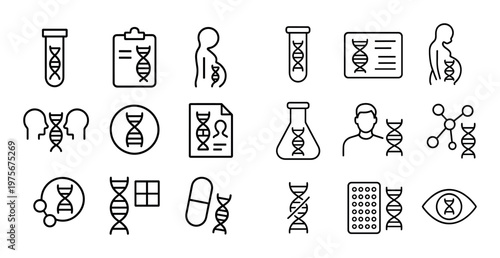 Genetics and prenatal testing icons showing dna and symbols