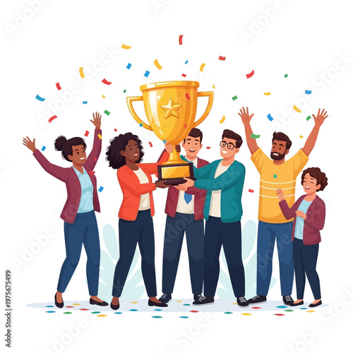 Diverse group celebrating with trophy and confetti.