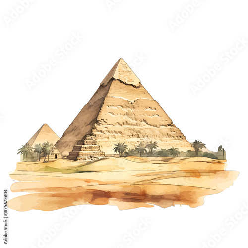 Watercolor Great Pyramids of Giza with Palm Trees and Desert Landscape Clipart
