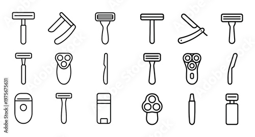 Razors and electric shavers arranged in neat grid layout
