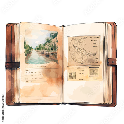 Watercolor Travel Journal Clipart with Vintage World Map Tropical Landscape and Leather Cover
