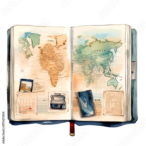Watercolor Travel Journal Clipart with World Map Vintage Photos and Suitcase Illustration
