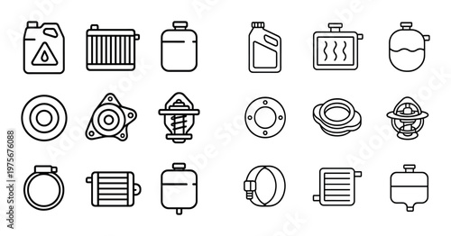 Automotive coolant and radiator part icons displayed in rows