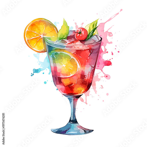 Watercolor Tropical Sangria Cocktail in Martini Glass with Orange, Berries, and Mint Clipart
