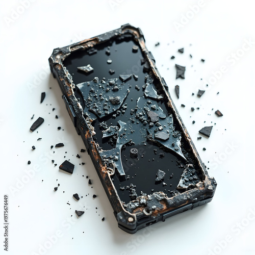 Shattered smartphone and burnt radio equipment isolated on white background.