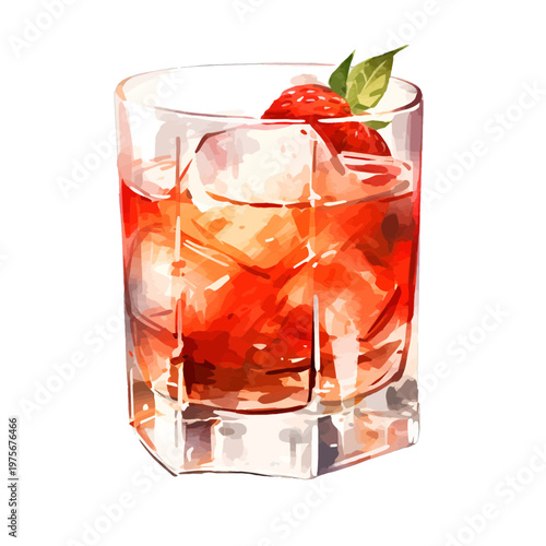 Watercolor Strawberry Negroni Cocktail with Ice Cubes and Mint Leaf Garnish Clipart
