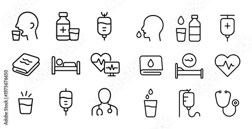 Medical care icons showing treatment and hydration in grid