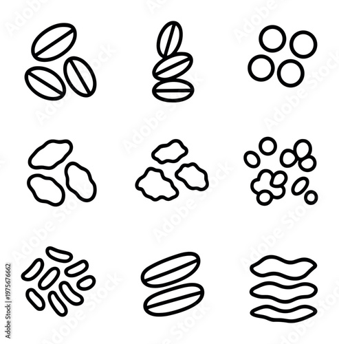 Seed and nut icon variations arranged in three by three grid