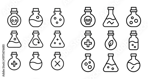 Laboratory flasks and potion bottles shown in icon set
