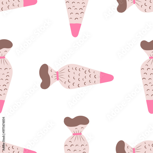 Seamless pattern of pastry bags with pink tips on a transparent background