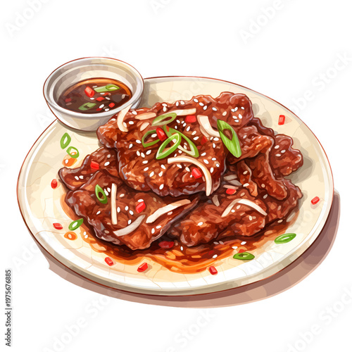 Watercolor Korean Bulgogi Beef - Traditional Grilled Sesame Beef Clipart with Soy Dipping Sauce
