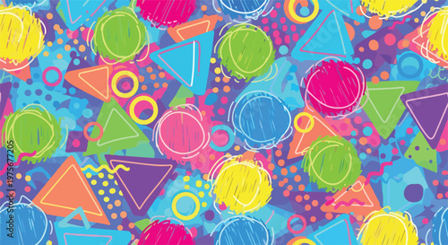 Abstract memphis style background pattern with colorful geometric shapes and confetti