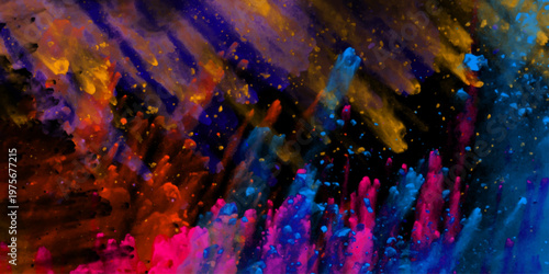 Abstract Powder Explosion on Black Background. A bright explosion of multi colors in the air on a black background. colorful mist against a dark backdrop. The image is dynamic and full of movement.