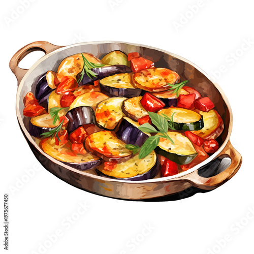 Watercolor Ratatouille in Traditional Pan - French Stewed Vegetable Medley Clipart Illustration
