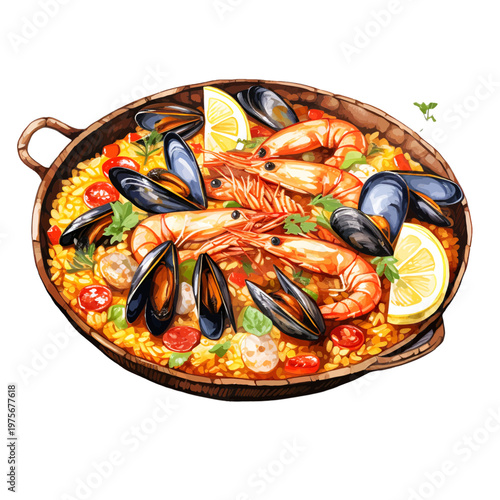Watercolor Spanish Seafood Paella with Shrimp, Mussels and Lemon in a Traditional Pan
