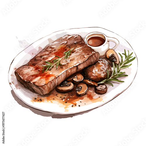 Watercolor Beef Steak with Mushrooms and Gravy - Gourmet Grilled Ribeye Clipart Illustration Isolated on White
