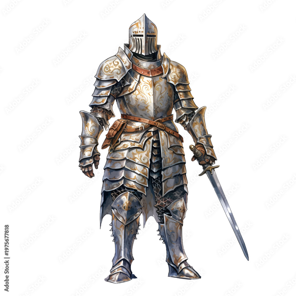 Fototapeta premium Medieval Knight in Full Plate Armor with Sword - Realistic Fantasy Warrior Watercolor Clipart Isolated on White 