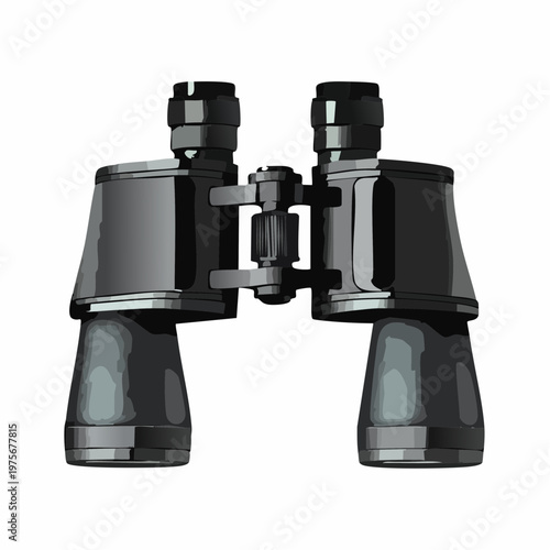 Professional black binoculars for bird watching are isolated on a bright white background for outdoor travel gear.