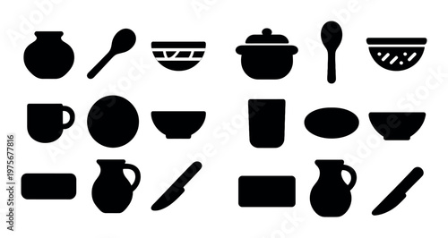 Kitchen utensils and tableware icons on white background