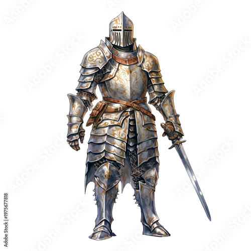 Medieval Knight in Full Plate Armor with Sword - Realistic Fantasy Warrior Watercolor Clipart Isolated on White
