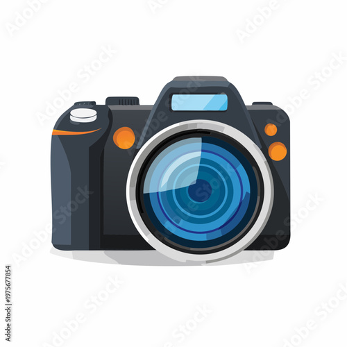 Professional digital camera with large lens is isolated on a bright white background for photography equipment rental.