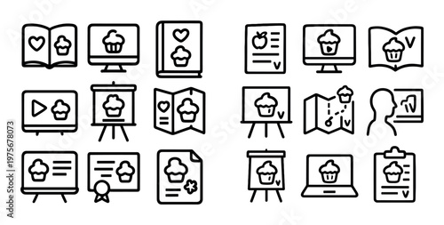 Presentation and brochure icons featuring cupcake on screens and paper