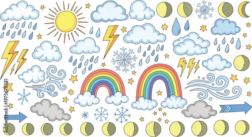 A colorful weather icon set with rainbows, clouds, and other meteorological symbols