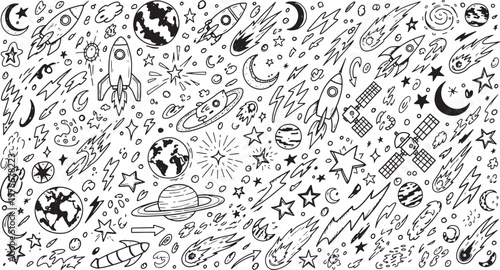 Black and white illustration of various space objects