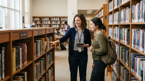 Friendly librarian guiding a smiling college student through book selections in a bright, modern university library, promoting learning and research.