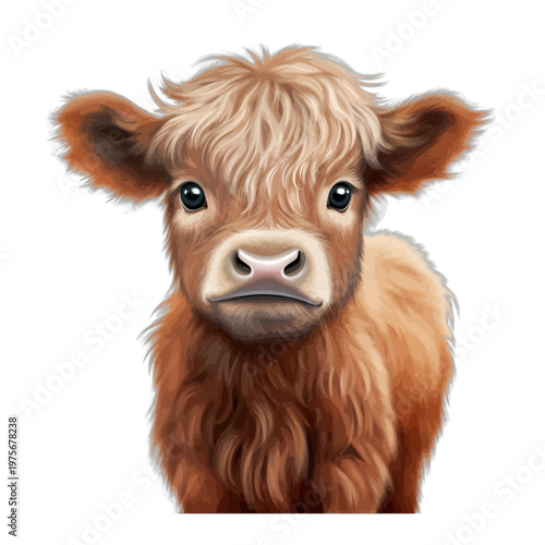 Cute Baby Highland Cow Clipart - Adorable Fluffy Brown Calf Illustration Isolated on White Background
