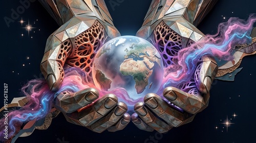 Futuristic Hands Holding Earth Robotic Hands Earth Cosmic Energy Futuristic Sci-Fi Planet Space. Concept featuring robotic hands, earth, cosmic energy, futuristic, sci-fi for professional commercia...